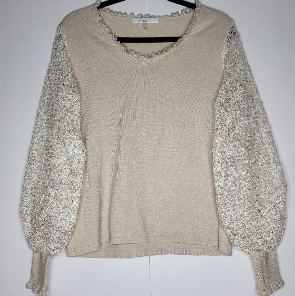 Sioni Milano Beige Sweater with Lace Balloon Sleeves – Size M